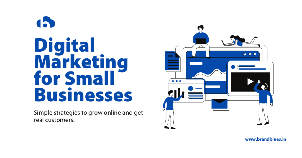 Digital marketing for small businesses illustration showing website analytics, online marketing tools, and strategies to grow customers online