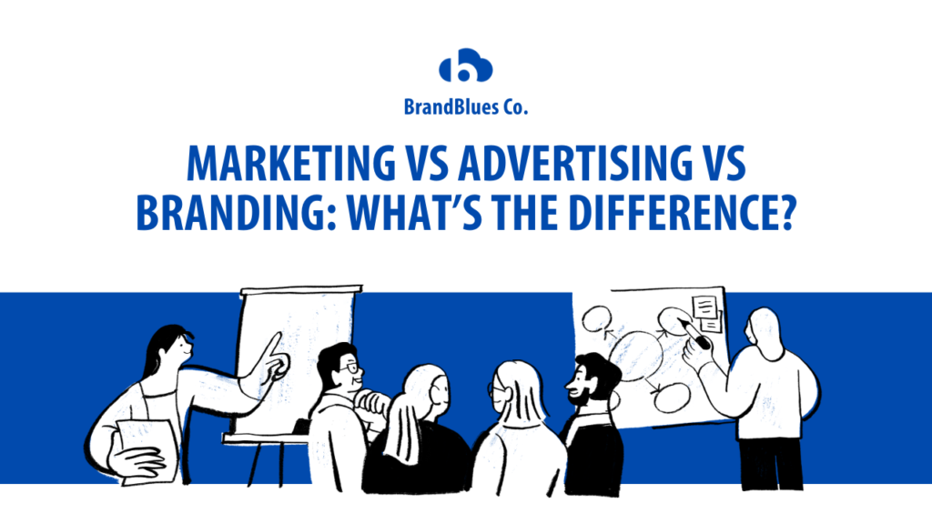 Illustration of people discussing marketing, advertising, and branding strategies during a presentation — feature image for BrandBlues blog explaining the difference between marketing, advertising, and branding.