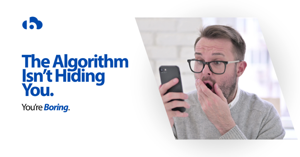 Man looking shocked at phone with low engagement, representing the idea that poor content—not the algorithm—is causing low reach
