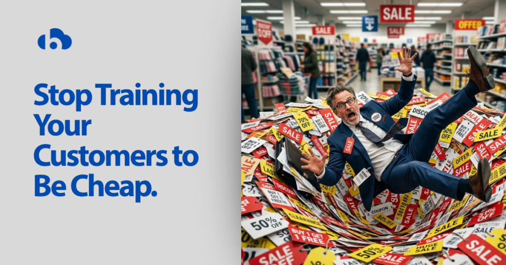 business owner falling into discount trap surrounded by sale tags showing impact of excessive discounts on brand value