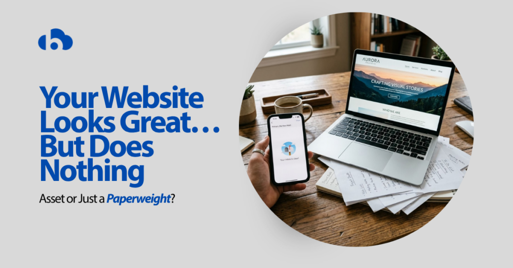 Laptop showing a beautiful website with no leads, symbolizing a website that looks good but fails to generate business results